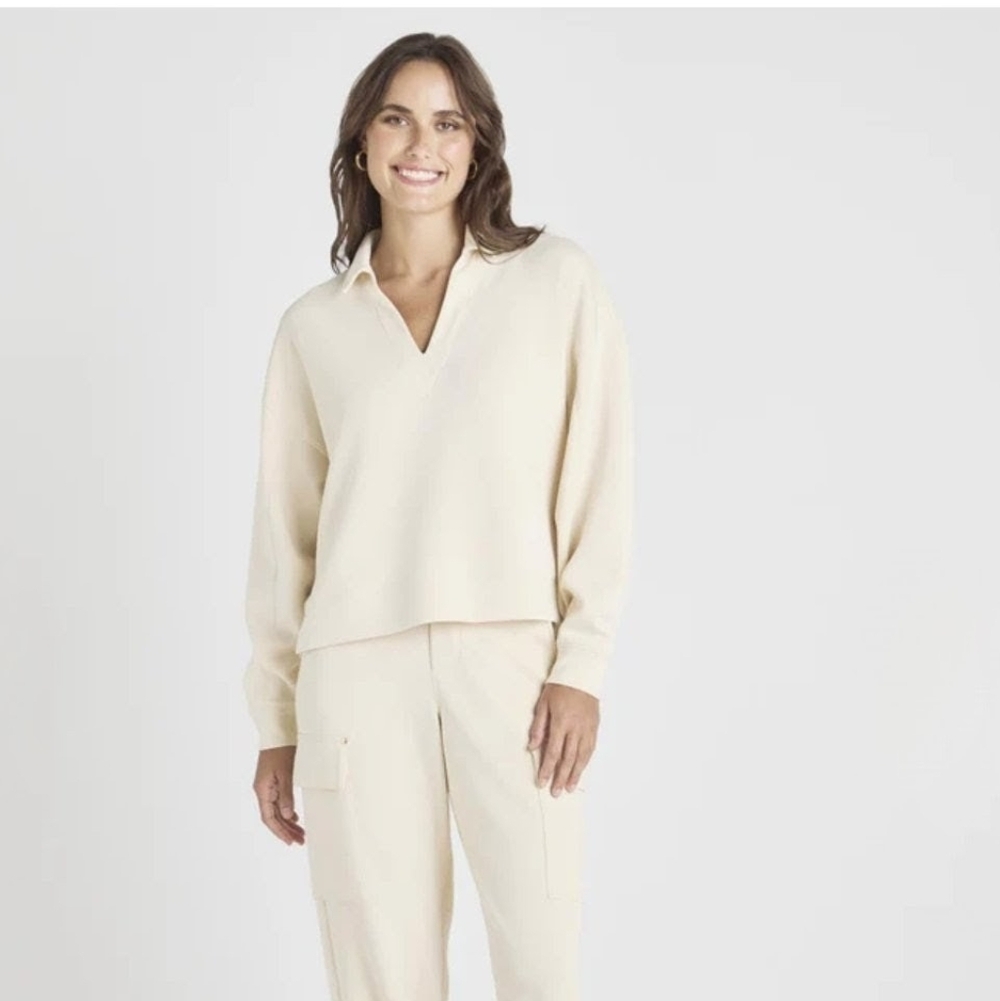 Splendid X Cellajaneblog Scuba Polo Sweatshirt Size Small Ivory RM4K710 EUC